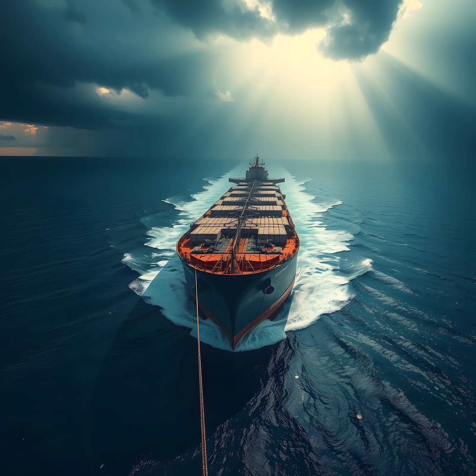 Bulk carrier ploughing through deep blue ocean