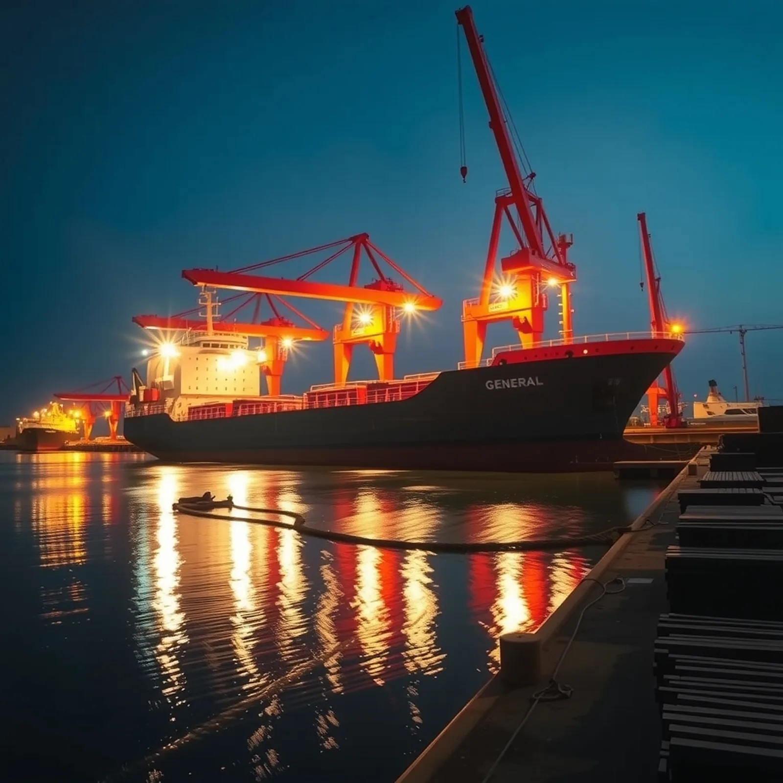 General cargo ship with red deck cranes lit at blue hour