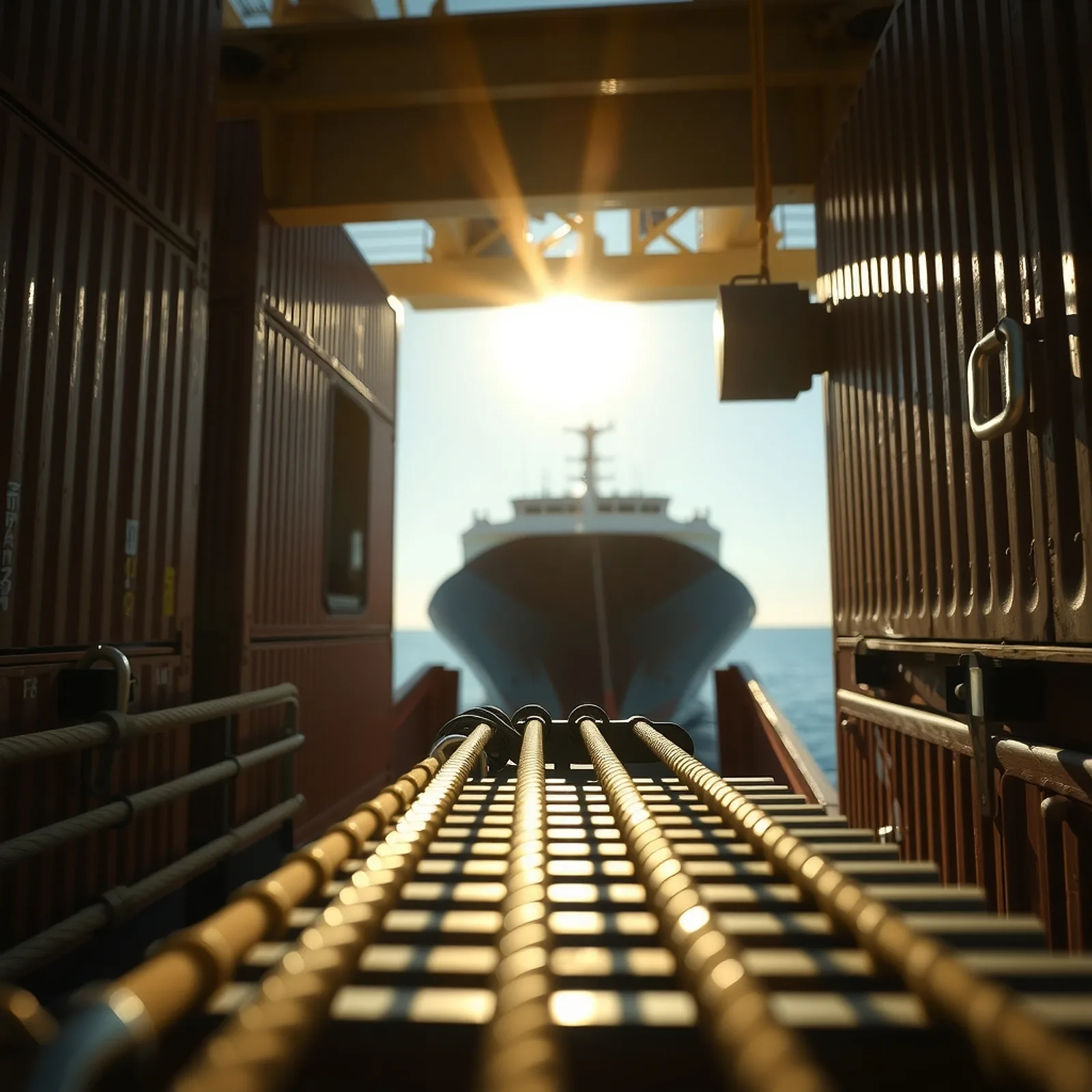 Lashing rods and twist locks on a ship deck with sun flare