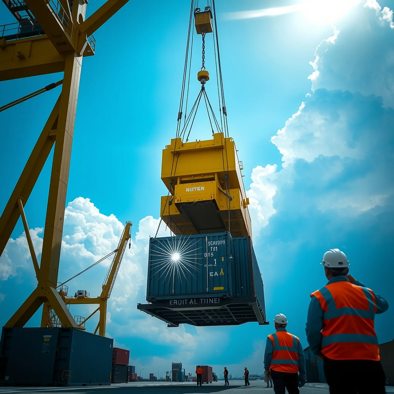 Gantry crane lifting heavy machinery onto a flat-rack container